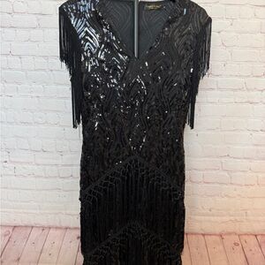 Elegant Black Sequin Fringe / Flapper Dress